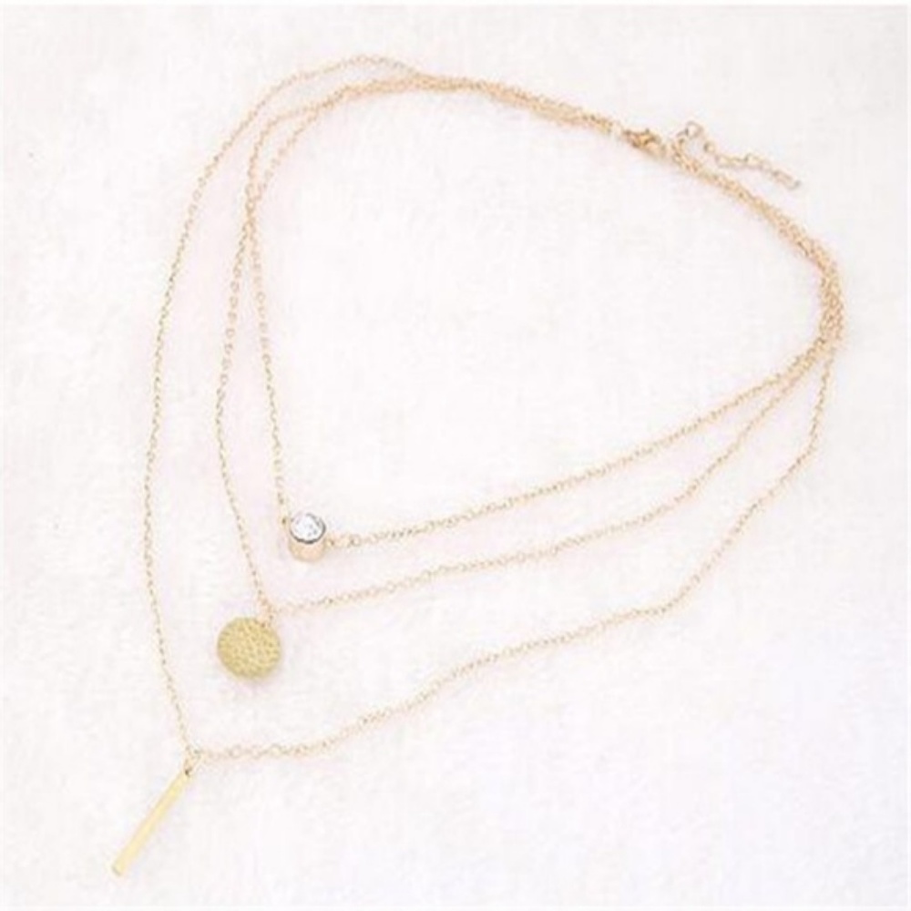 Boho Gold Layered Chain Crystal Coin Bar Necklace - Picture 3 of 7